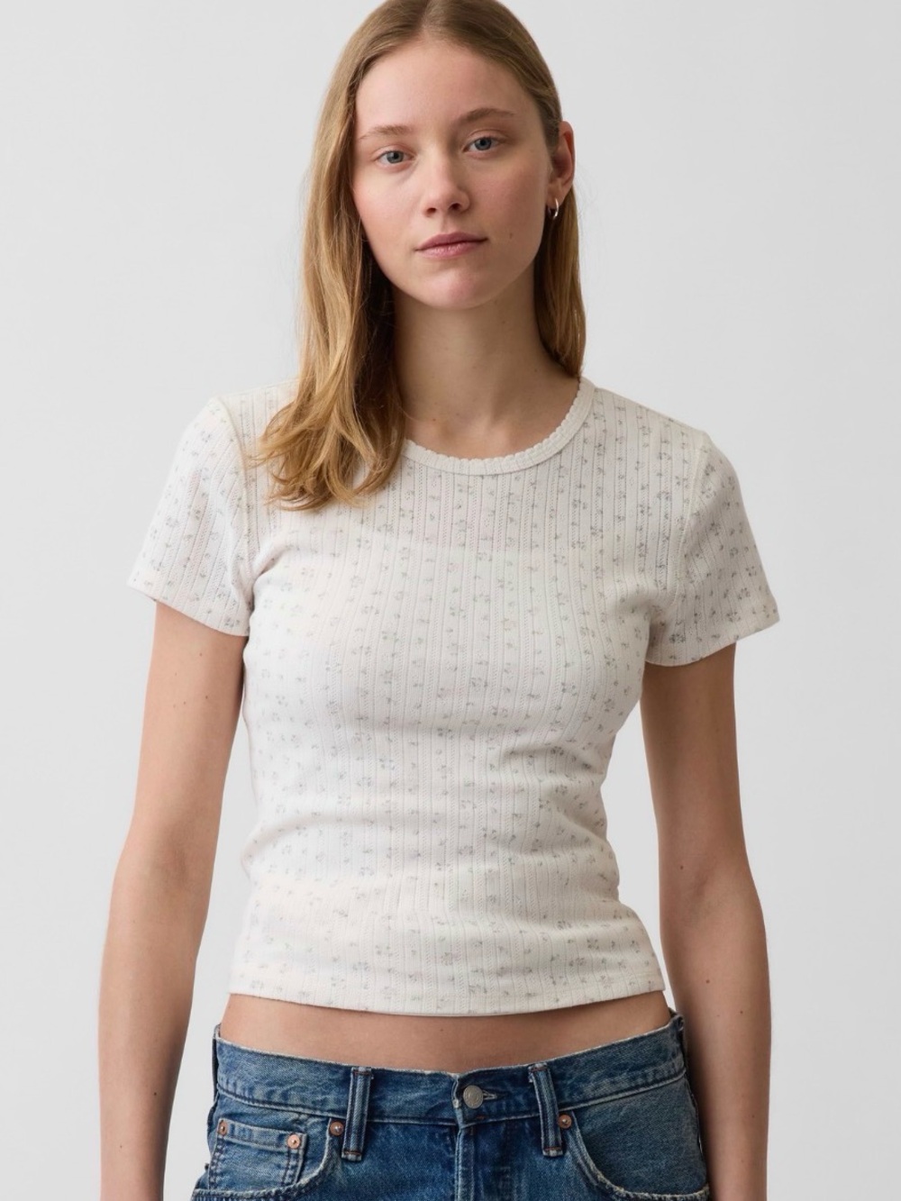 Gap Pointelle tee t-shirt floral print ivory L M